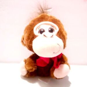 HugFun Jungle Monkey Plush Stuffed Animal Toy Brown Glitter Eyes Red Bowtie 7"